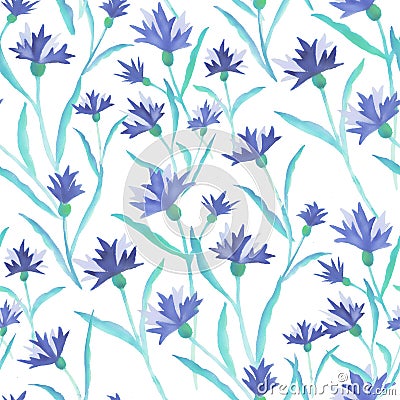 Beautiful watercolor illustration with watercolour blue cornflower on white background. seamless pattern. Watercolour Cartoon Illustration