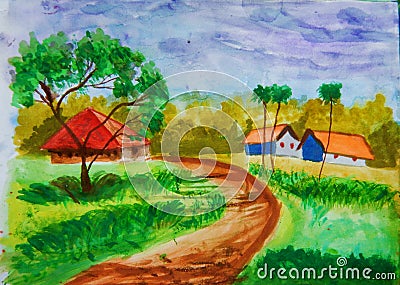 Colorful Indian village landscape with cottages Stock Photo