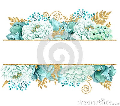 Beautiful Watercolor mint flowers frame. Mint gold wedding invites template Stock Photo