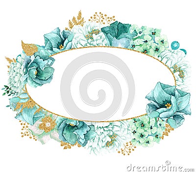 Beautiful Watercolor mint flowers frame. Mint gold flower frame! Stock Photo