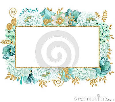 Beautiful Watercolor mint flowers frame. Mint gold flower frame! Stock Photo