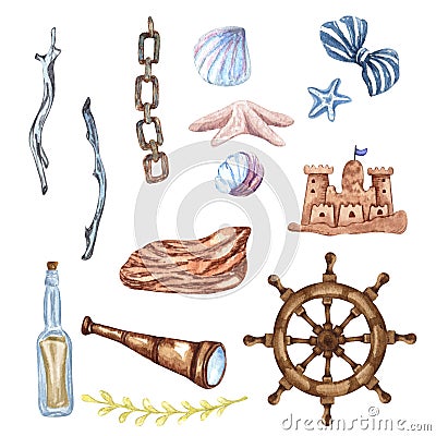 Beautiful Watercolor nautical set. Include lighthouse, anchor, corals, seaweed, whale, shells, steering-wheel and buoy Stock Photo