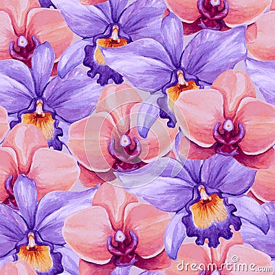 Beautiful watercolor orchids seamless pattern. Vector Illustration