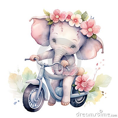 A beautiful watercolor painting of a babygirl elephant on bike. Animal with motorcycle. hand drawn painting. light colors Stock Photo