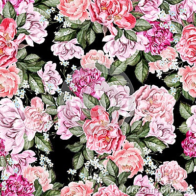 Beautiful watercolor pattern with peony flowers. Stock Photo