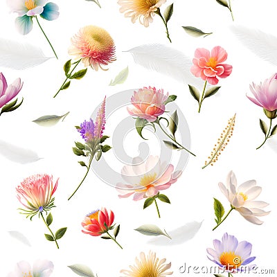 Beautiful Watercolor pattern rapport with Delicate flowers seamless isolated in white background. Illustration. Generative AI Stock Photo