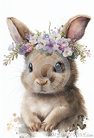 Beautiful watercolor rabbit baby portrait, great design with flowers crown. Cute wildlife animal cartoon drawing Poster Stock Photo