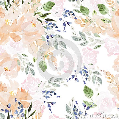 Beautiful Watercolor seamless pattern with roses and peony flowers. Stock Photo