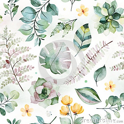 Beautiful Watercolor Seamless pattern with succulent plants,palm and fern leaves Stock Photo