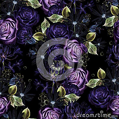 Beautiful watercolor seamless pattern with white and purple roses, bud and flowers. Stock Photo