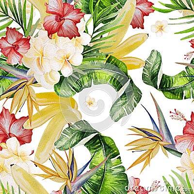 Beautiful watercolor seamless tropical jungle floral pattern background with palm leaves and flowers of plumeria, Strelitzia. Ill Stock Photo