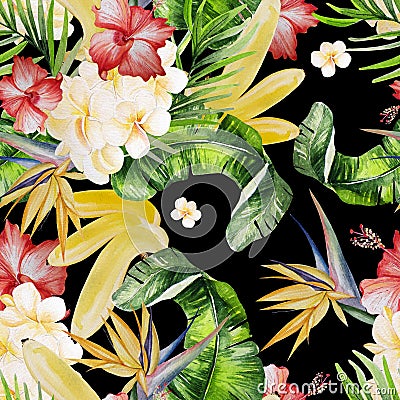 Beautiful watercolor seamless tropical jungle floral pattern background with palm leaves and flowers of plumeria, Strelitzia. Ill Stock Photo