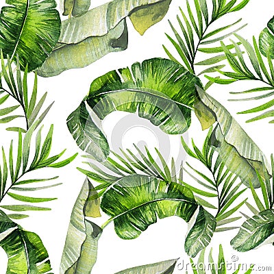 Beautiful watercolor seamless tropical jungle floral pattern background with palm leaves. Illustration Stock Photo