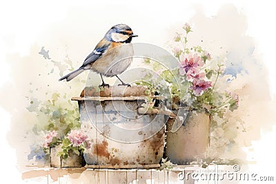 Beautiful watercolor singing bird in a garden on a white background Stock Photo
