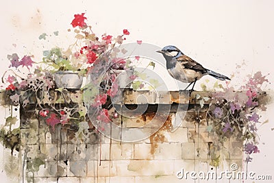 Beautiful watercolor singing bird in a garden on a white background Stock Photo