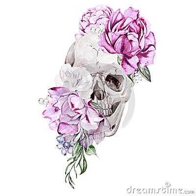 Beautiful watercolor skull with flowers of peony and roses Stock Photo