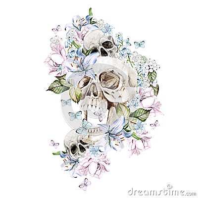 Beautiful watercolor skull with flowers of peony and roses Stock Photo