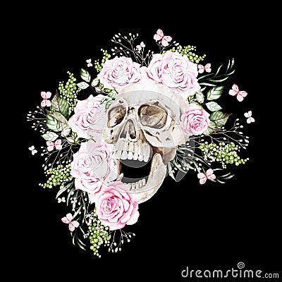 Beautiful watercolor skull with flowers of peony and roses Stock Photo