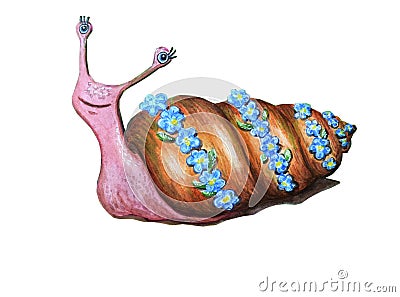 Beautiful watercolor snail in a flower wreath. Funny comic smiling character Stock Photo