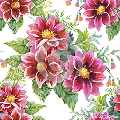 Beautiful Watercolor Summer Garden Blooming Flowers Seamless Pattern. Vector Illustration