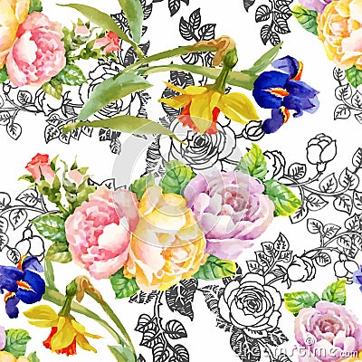 Beautiful Watercolor Summer Garden Blooming Flowers Seamless Pattern Vector Illustration