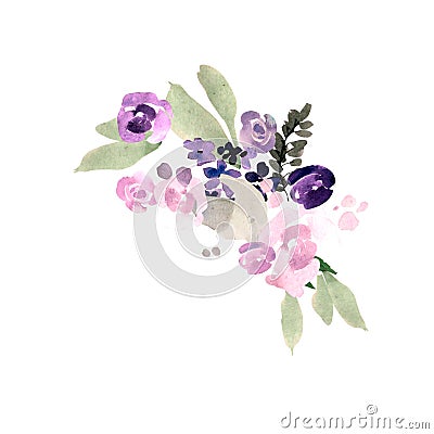 Beautiful watercolor wedding bouquet with purple flowers. Stock Photo