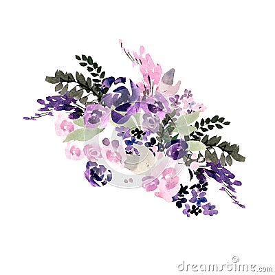 Beautiful watercolor wedding bouquet with purple flowers. Stock Photo