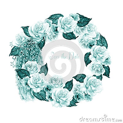 Beautiful watercolor wedding wreath with peacock, flowers of rose and violets. Stock Photo