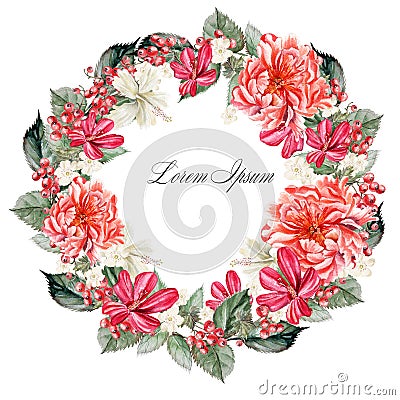 Beautiful watercolor wreath with flowers peonies and hibiscus, berries currant. Stock Photo