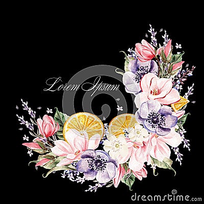 Beautiful watercolor wreath with lavender flowers, anemone, magnolia and orange fruits. Stock Photo