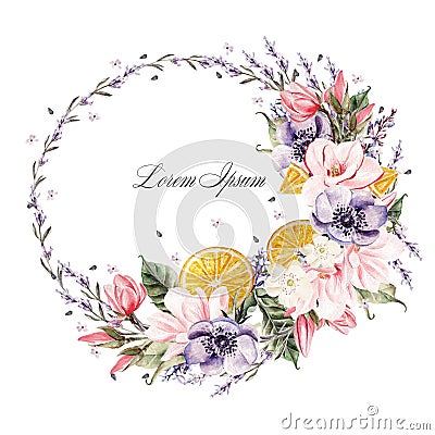 Beautiful watercolor wreath with lavender flowers, anemone, magnolia and orange fruits. Stock Photo
