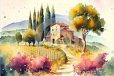 Tuscany scene lanscape Tuscan watercolor watercolour Stock Photo