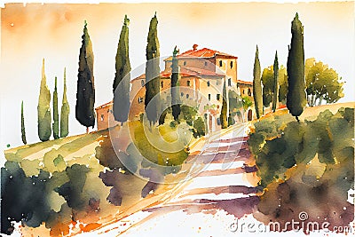 Tuscany scene lanscape Tuscan watercolor watercolour Stock Photo