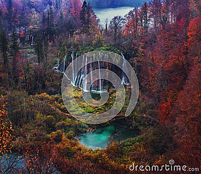 Beautiful waterfall autumn in Plitvice National Park, Croatia Stock Photo