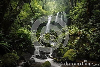 Beautiful waterfall cascades in a green forest Stock Photo