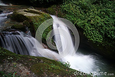 Beautiful waterfall on the way trekking to Annapurna base camp - green natural forest scene at annapurna national park Nepal Stock Photo