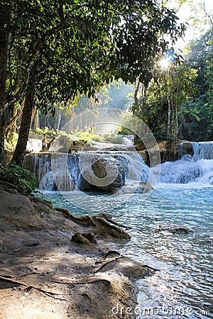 Beautiful Waterfalls blue water Laos Stock Photo