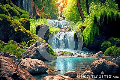 Beautiful waterfalls in lush forest with rocks Stock Photo