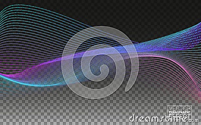 Beautiful wave shaped array of glowing dots. Dynamic particles sound wave flowing over dark. Llights vector abstract Vector Illustration