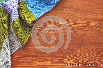 Beautiful waxed wooden background with scarf side view. flat lay top view Stock Photo