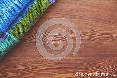 Beautiful waxed wooden background with scarf side view. flat lay top view Stock Photo