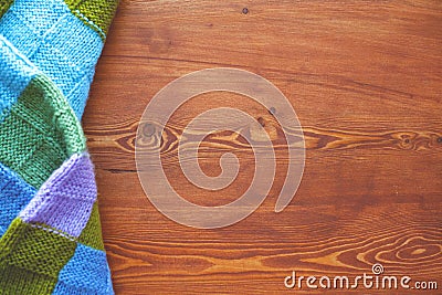 Beautiful waxed wooden background with scarf side view. flat lay top view Stock Photo