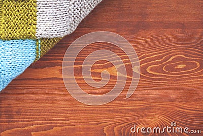 Beautiful waxed wooden background with scarf side view. flat lay top view Stock Photo