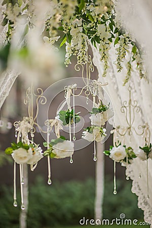 Wedding decorations tables chairs flowers Stock Photo