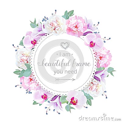 Beautiful wedding floral vector design frame. Pink and white peony, purple orchid, violet campanula flowers. Vector Illustration