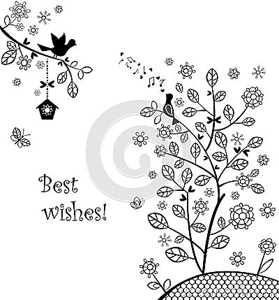 Beautiful wedding greeting with blossoming spring tree Vector Illustration