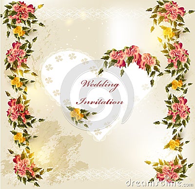 Beautiful wedding invitation card with lace heart and roses Stock Photo