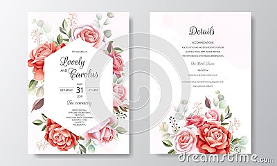 Beautiful wedding invitation card template with floral leaves Vector Illustration
