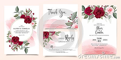 Beautiful wedding invitation card template set with burgundy and peach rose flowers and watercolor background. Cards with floral, Vector Illustration