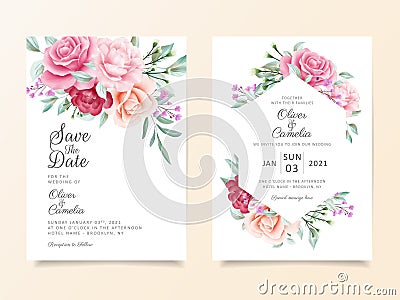 Beautiful wedding invitation card template set of flowers arrangements and floral frame. Elegant botanic decoration background of Vector Illustration